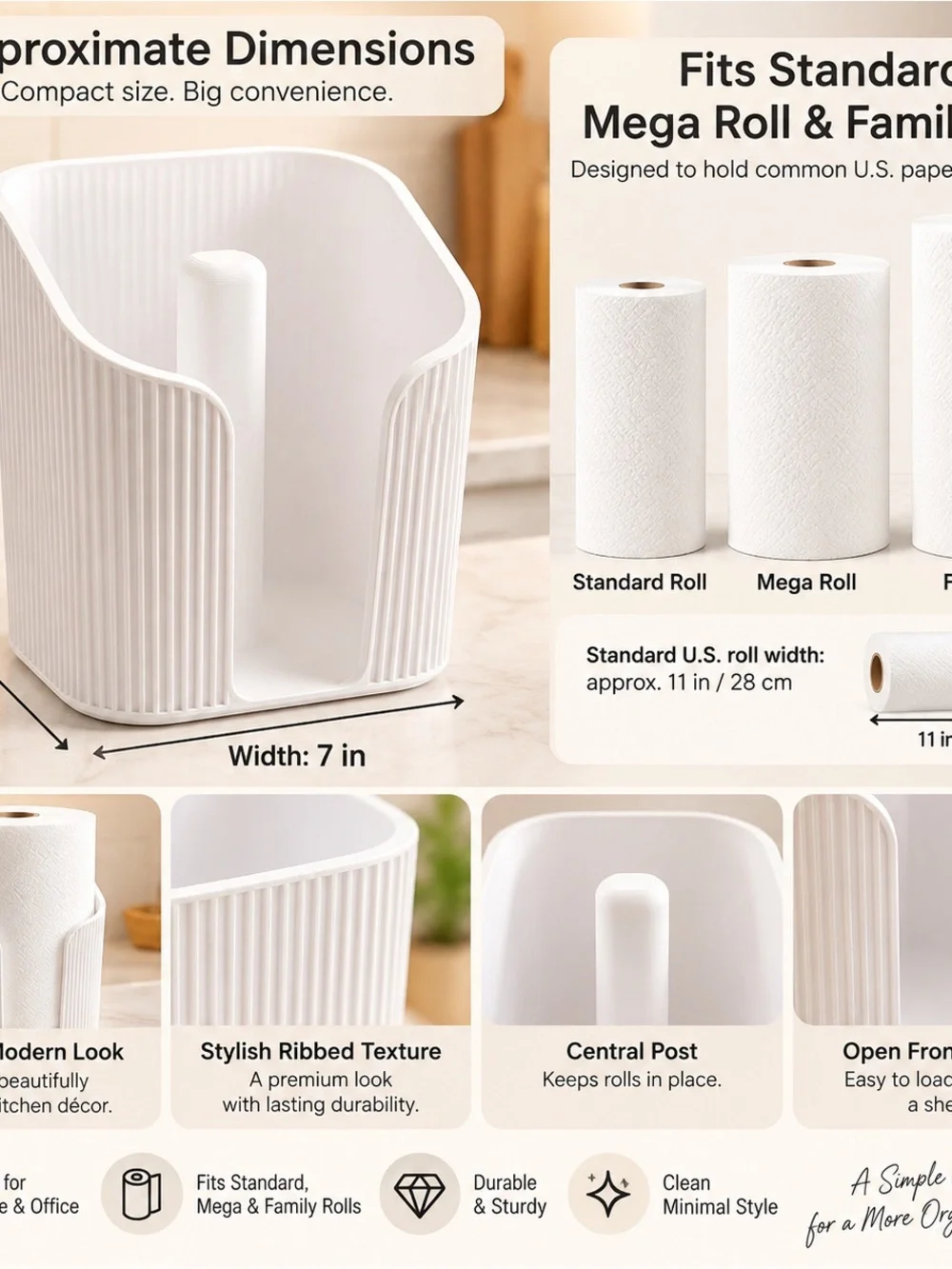 White Ribbed Plastic Toilet Paper Organizer with Central Spindle